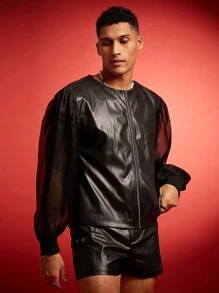 FeverCity Men's Leather & Mesh Long Sleeve Jacket Outerwear, For Fall Winter - Black - View 2