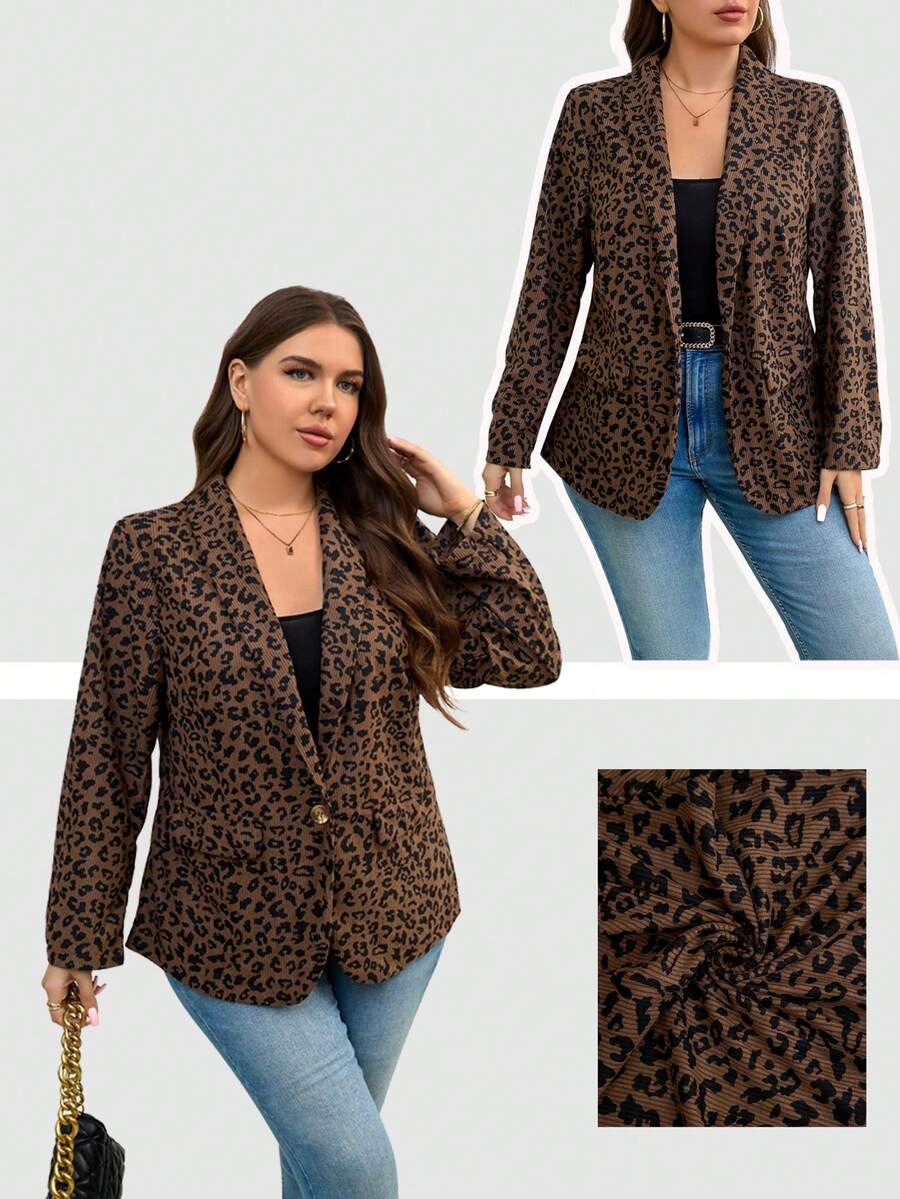 SHEIN LUNE Plus Size Women Leopard Print Turndown Collar Flap Detail
