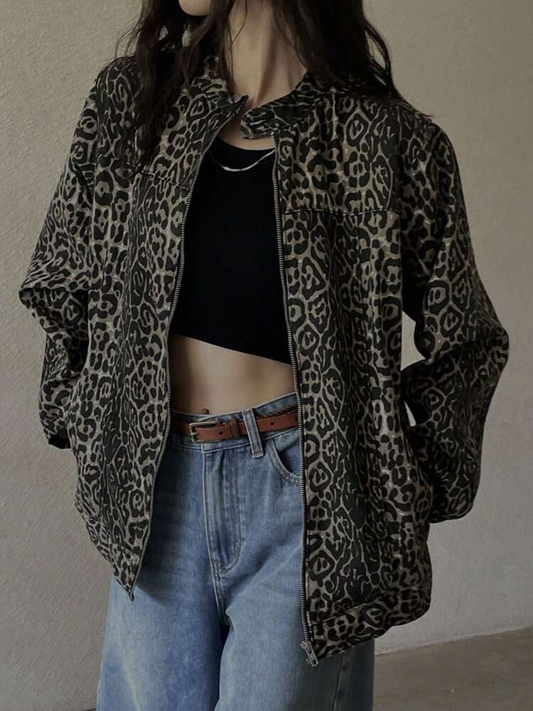 Women's Spring Autumn Casual Loose Leopard Print Denim Long Sleeve Jacket Cheetah Print
