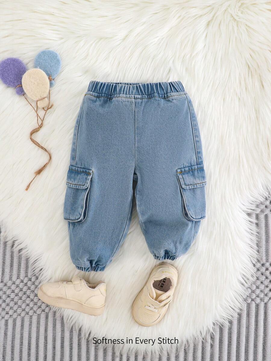 Cozy Pixies Quần jogger denim màu xanh dương dáng rộng, dễ thương, có túi hộp, dành cho bé gái, kiểu dáng thường ngày, thoải mái và đa năng. - Rửa nhẹ - Xem 1