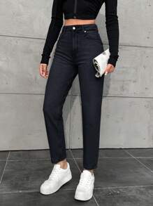 EURMUSE Women Solid Color Straight Pocket Casual Jeans - Black - View 4