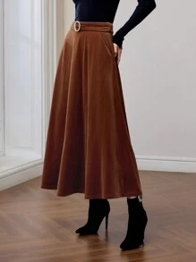 MOTF PREMIUM VELVET FAUX PEARL BUCKLE BELTED FLARE SKIRT