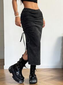 SHEIN EZwear 女士秋冬 Y2K 基本款牛仔弹力水洗 Grunge 裙子 - 黑色 - 查看 3