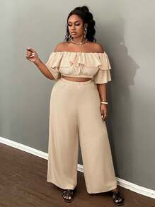 Slaydiva 女式大码露肩荷叶边下摆阔腿裤套装，休闲基本款