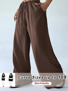 SHEIN CURVE+ Pantalones largos con cordón en la cintura de unicolor para mujer tallas grandes - Marrón - Ver 1