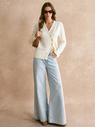 Poéselle 女士不对称门襟休闲纯色设计针织开衫，毛皮秋冬