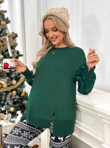 SHEIN Pregnant Women Solid Color Sequined Patchwork Split Hem Long Sleeve Sweatshirt, Hem Sweatshirt, For Maternity, For Winter - Dark Green - View 4