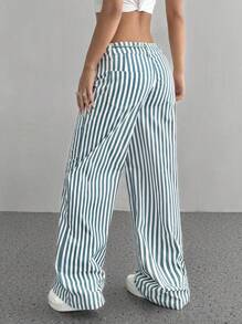 Flirla Striped Print With Pocket Knot Front Casual Straight Pants - Multicolor - View 2