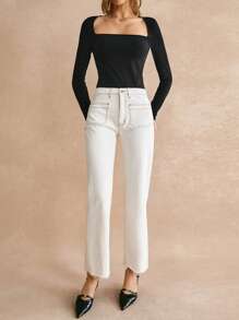 Poéselle 女士白色毛边直筒牛仔裤，夏季白色必备单品，休闲风格，轻松搭配 - 白色 - 查看 6