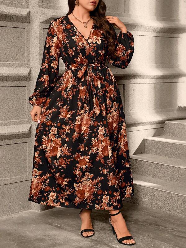 SHEIN Clasi Plus Size Femei Toamna Print Floral Decolteu V-Maneca Lantern Rochie Midi Eleganta Pentru Purtare Resort