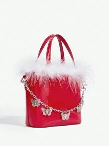 SHEIN ICON Túi xách nữ, Thời trang, Đơn giản, Đa năng, Cá nhân hóa, Cô gái ngọt ngào và sành điệu, Y2k, Đường phố, Lông vũ nhân tạo, Kim loại, Dây trang trí hình bướm, Đỏ và trắng, Dành cho tiệc cocktail, Tiệc tùng, Vũ hội, Câu lạc bộ, Hẹn hò, Sinh nhật, Buổi tối, Đêm hẹn hò, Giáng sinh - Đỏ - Xem 3