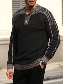 Manfinity Homme Suéter casual de manga larga con botones delanteros y parches de unicolor para hombres