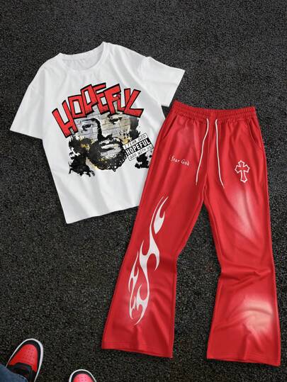 PAVTROS Conjunto de camiseta y pantalones casuales para hombres con estampado de letras de figura