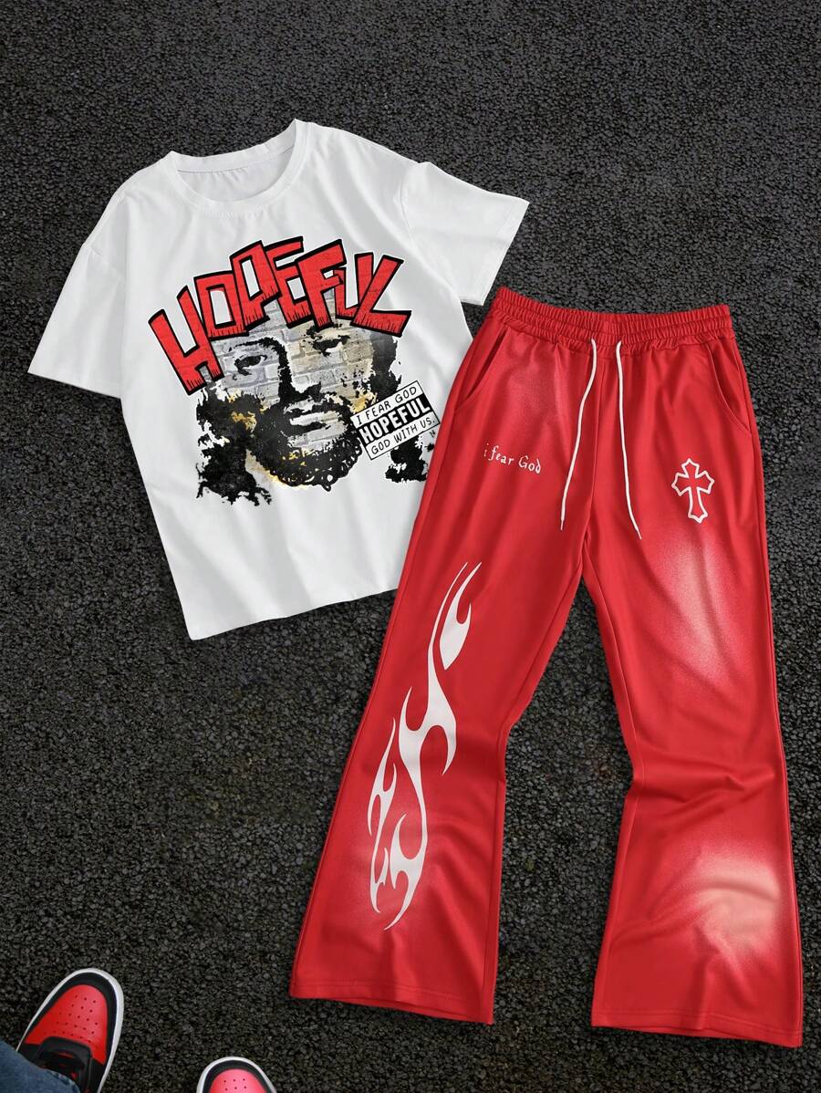 PAVTROS 男士休闲图案字母印花 T 恤和裤子套装 - 彩色 - 查看 1