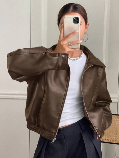 DAZY 1件女士纯色宽松长袖翻领PU皮夹克，秋季服装皮夹克