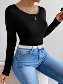 Chiquease 1 pieza Camiseta minimalista de mujer de unicolor de cuello redondo y manga larga, informal para uso diario