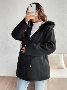 SHEIN Maternity Casual Solid Color Drawstring Waist Fleece Long Sleeve Hoodie Jacket, Hoodie Jacket, Autumn/Winter