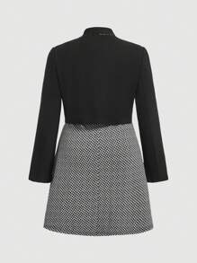 SHEIN MOD Plus Size 2pcs Set: Solid Color Long Sleeve Blazer Jacket & Contrasting Bow Sleeveless Dress, Elegant Suit Look In Fall/Winter - Black - View 9