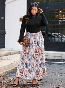 Flirla Plus Size Solid Color Patchwork Round Neck Long Sleeve Pleated Dress