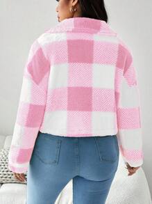 SHEIN LUNE Winter Plus Size Groen Geruit Fleece Jack Winter Dameskleding Valentijnsdag Vakantie Outfit