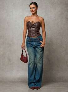 SHEIN BAE 1 件女士棕色 PU 皮革露背无袖上衣，交叉款式，适合万圣节、秋季 - 棕色 - 查看 5