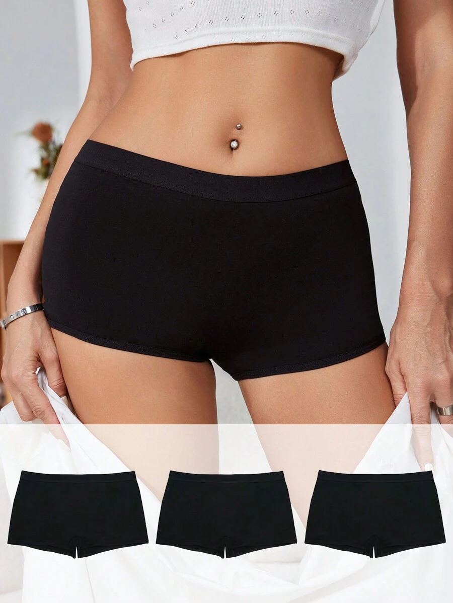 Women Solid Color Casual Elasticated Waist Skinny Briefs 3 Pcs