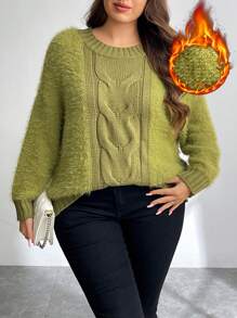 SHEIN Privé Plus Size Loose Fit Cable Knit Splice Fluffy Collar Warm Pullover Sweater For Autumn/Winter