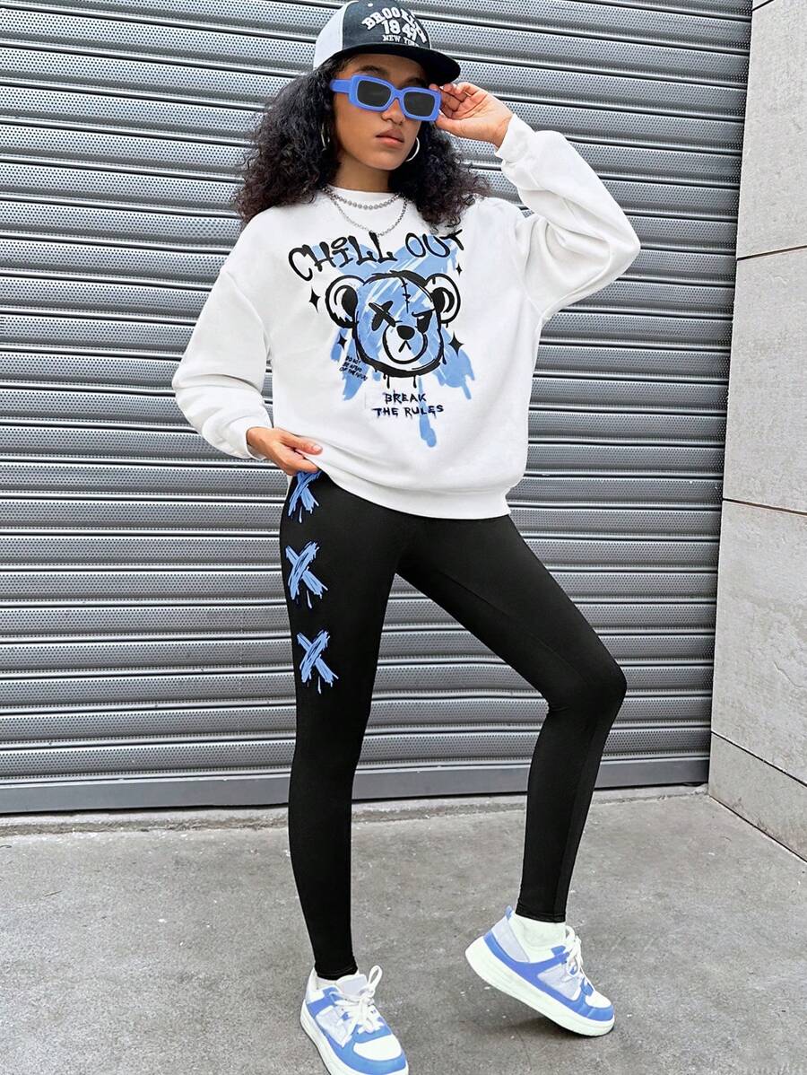 SHEIN Leap Crew Bộ 2 quần dài tay rộng rãi in hình gấu và quần legging cổ tròn cho bé gái tuổi teen - Màu xanh lam - Xem 1