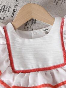Babygirl Autumn Pink Casual Chic Ribbed Fabric Collar Ribbon Splice White Ruffle Hem Loose Comfortable Big Swing Outdoor Dress - Multicolor - View 4