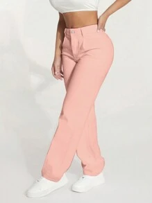 SHEIN PETITE Casual Solid Color Straight Leg Jeans With Oblique Pockets, For Autumn
