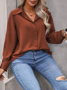 Vionelle Áo sơ mi tay dài cài nút phía trước màu trơn cỡ lớn thường ngày có cổ - Rỉ Nâu - Xem 4