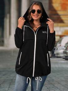 SHEIN LUNE Áo khoác trùm đầu cỡ lớn có khóa kéo phía trước, có túi, mặc thường ngày - màu đen - Xem 5