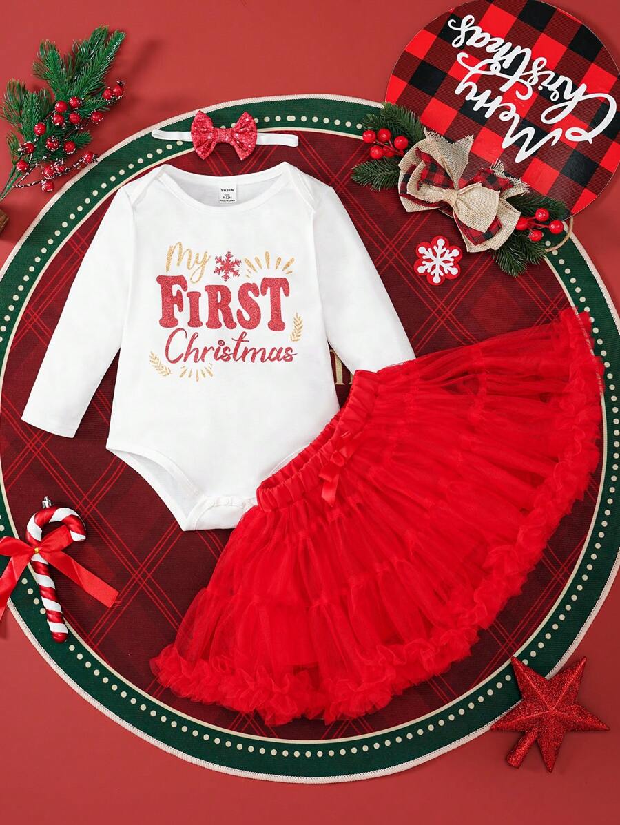 SHEIN Bộ 3 món cho bé gái: Áo liền quần dài tay in chữ + Chân váy lưới màu đỏ tương phản + Băng đô nơ, dành cho Giáng sinh - Đỏ - Xem 1