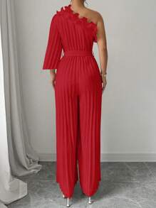 Elenzga 优雅女士纯色拼接多层荷叶边单肩喇叭袖宽松连体裤