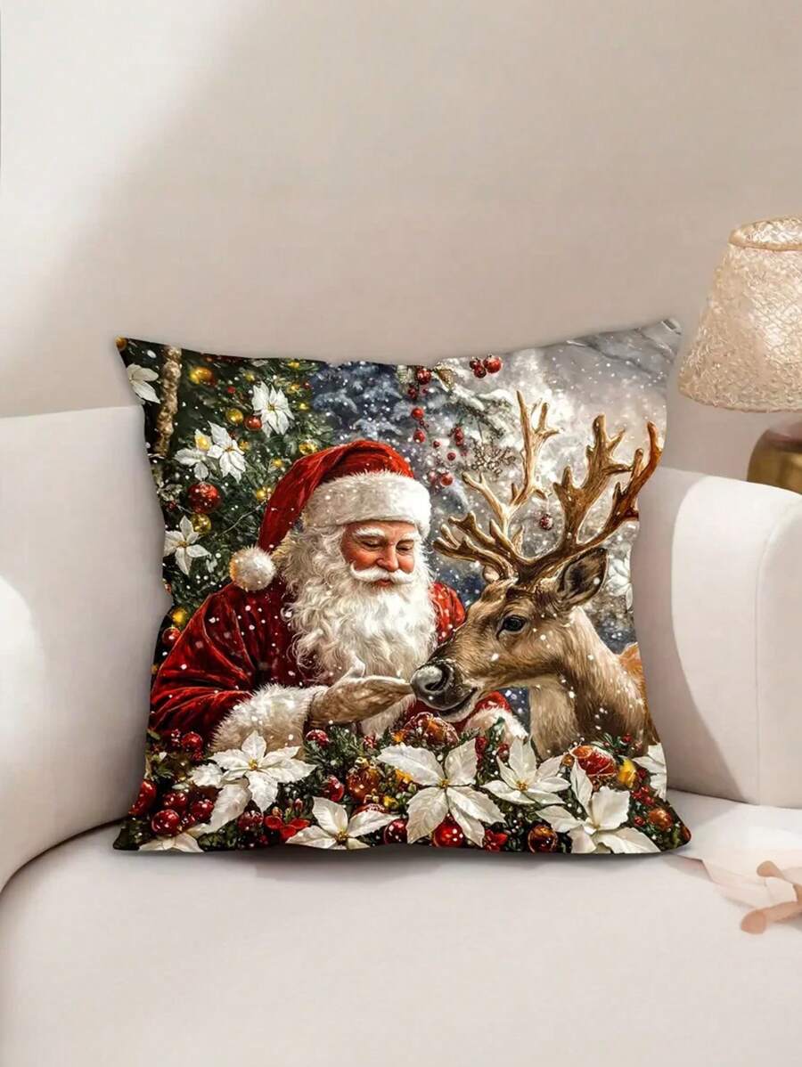 1pc 17.7x17.7 Inch Modern Style Christmas Santa And Reindeer Pattern Soft Velvet Throw Pillow Cover With Zipper Closure, Machine Washable, Polyester, Single-Side Print Decorative Cushion Case For Living Room - Multicolor - View 1