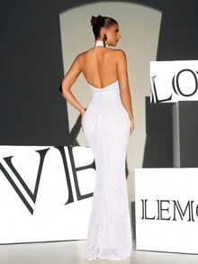 Halter Neck Backless Mermaid Hem Formal Dress Elegant Prom Evening Wedding Guest Gown, For Graduation, Dinner Party Dress