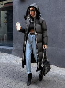 EURMUSE Keep Warming Feature Maxi Lenght Puffer Winter Coat - Black - View 1