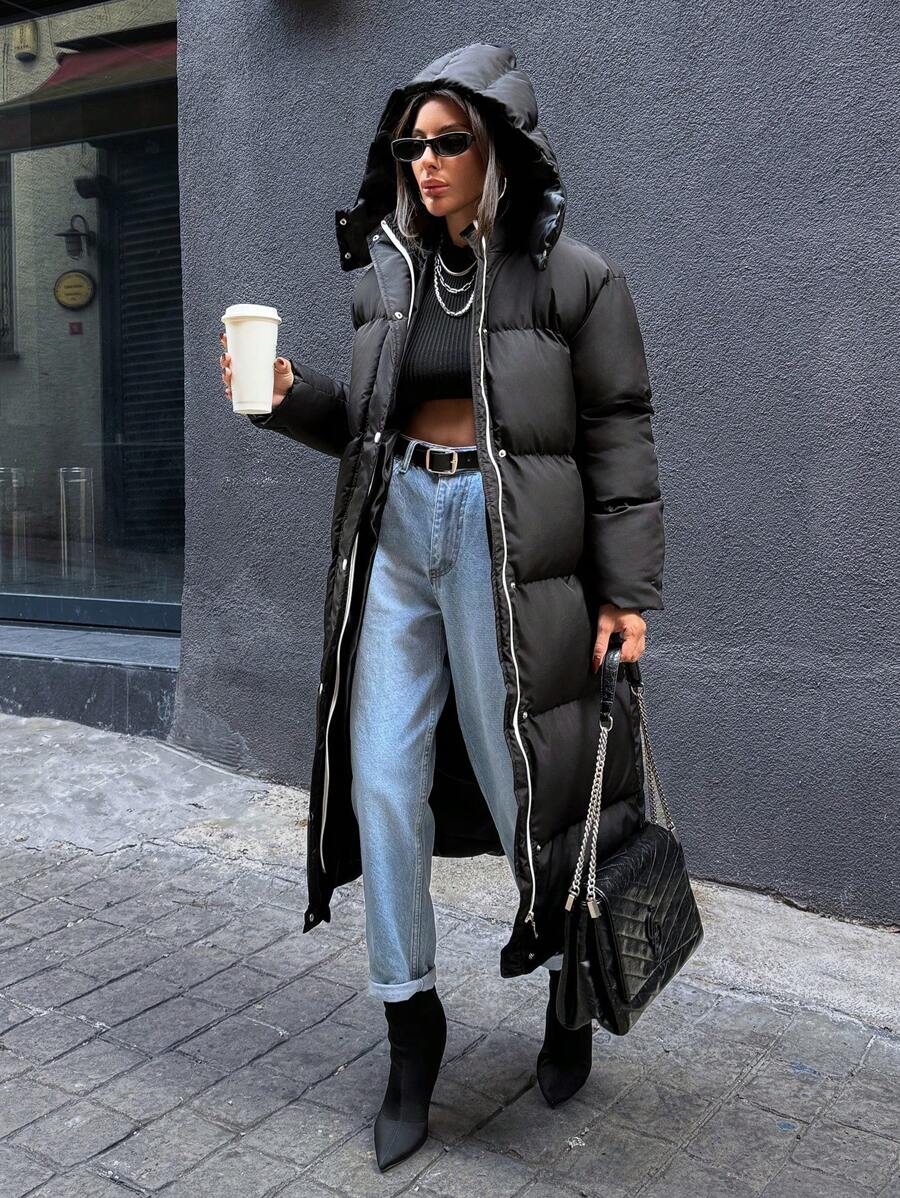 EURMUSE Keep Warming Feature Maxi Lenght Puffer Winter Coat - Black - View 1