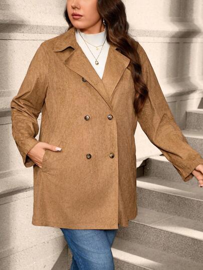 SHEIN Clasi Plus Size Women Solid Color Double-Breasted Long Sleeve Casual Loose Jacket, Autumn