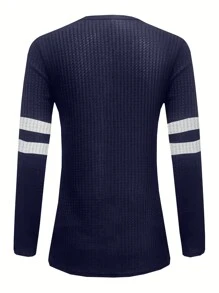 INAWLY 全新秋冬女式 V 领拉链细节拼接华夫格纹理长袖上衣图案 T 恤女式上衣春季装