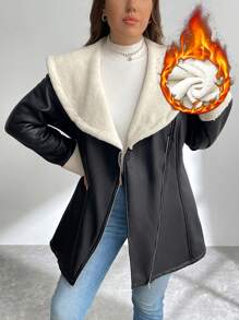 SHEIN Privé 大码优雅蓬松领人造皮革衬里加垫保暖收腰夹克，秋冬款 - 黑色 - 查看 4