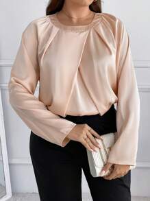 SHEIN Frenchy Plus Size Women Solid Color Round Neck Pleated Long Sleeve Elegant Blouse, Autumn - Dusty Pink - View 6