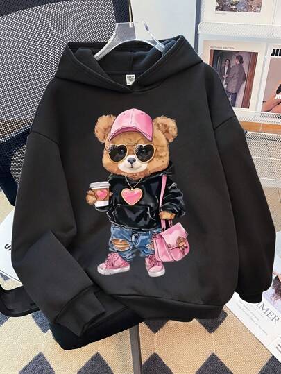 SHEIN Cute & Cool Heart & Bear Design Tween Girls Casual Long Sleeve Hoodie Sweatshirt, Thick Fabric Suitable For Autumn & Winter