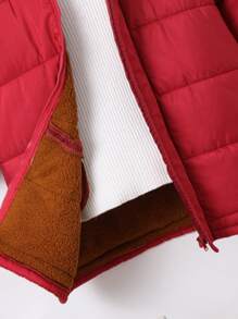 SHEIN 1 pieza Abrigo con capucha acolchado rojo oversize de manga ancha para niños pequeños, ropa de abrigo casual cálida adecuada para viajes, escuela y ocasiones diarias en otoño e invierno