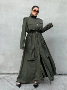 Flirla 大码长袖多口袋休闲运动简约时尚连衣裙长款女装 - 綠色 - 查看 7