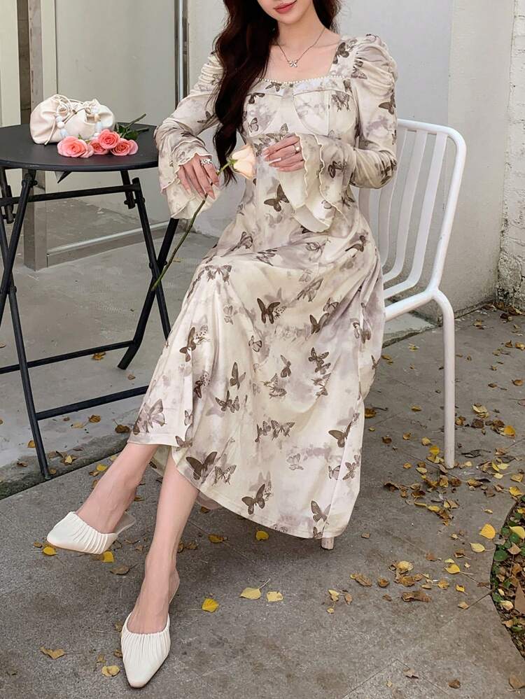 Floral Print Puff Sleeve Square Neck Midi Dress For Women,Ruffle,Fall Clothes Long Sleeve Dress