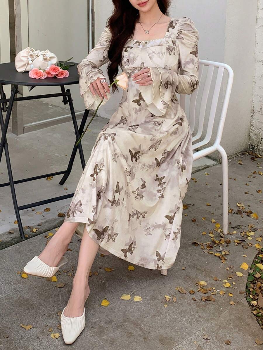 DAZY 女式花卉印花泡泡袖方领中长连衣裙，荷叶边，秋季服装长袖连衣裙 - 杏色 - 查看 1