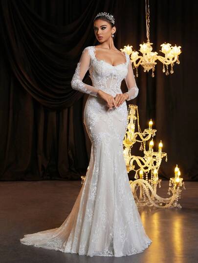 Glamrae Elegante y lujoso vestido de novia de encaje francés clásico, con escote en V, espalda descubierta, transparente, con volantes de espina de pescado y cola de pez, de manga larga, para el Día de San Valentín