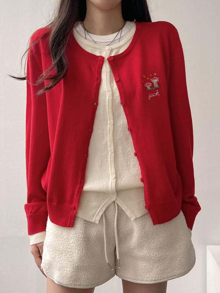 Women Embroidered Pattern Button Front Long Sleeve Cardigan Fall,Winter
