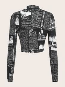 SHEIN EZwear Autumn Fashion Newspaper Print Stand Collar T-Shirt - Black - View 2